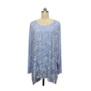 Soft Surroundings Blue Silk Paisley Embroidered Mesh Tunic Top Plus Size 2X